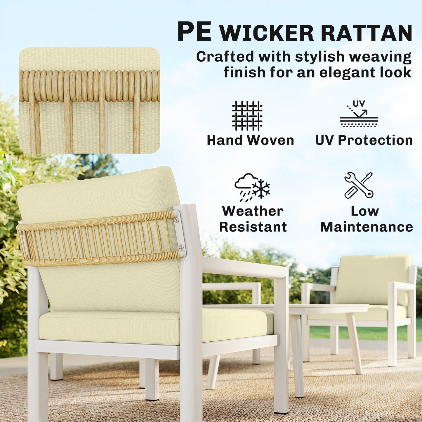 4 Seater Rattan Garden Furniture Set with 2 Armchairs, Loveseat, Coffee Table, Garden Sofa Set with Cushions, Beige