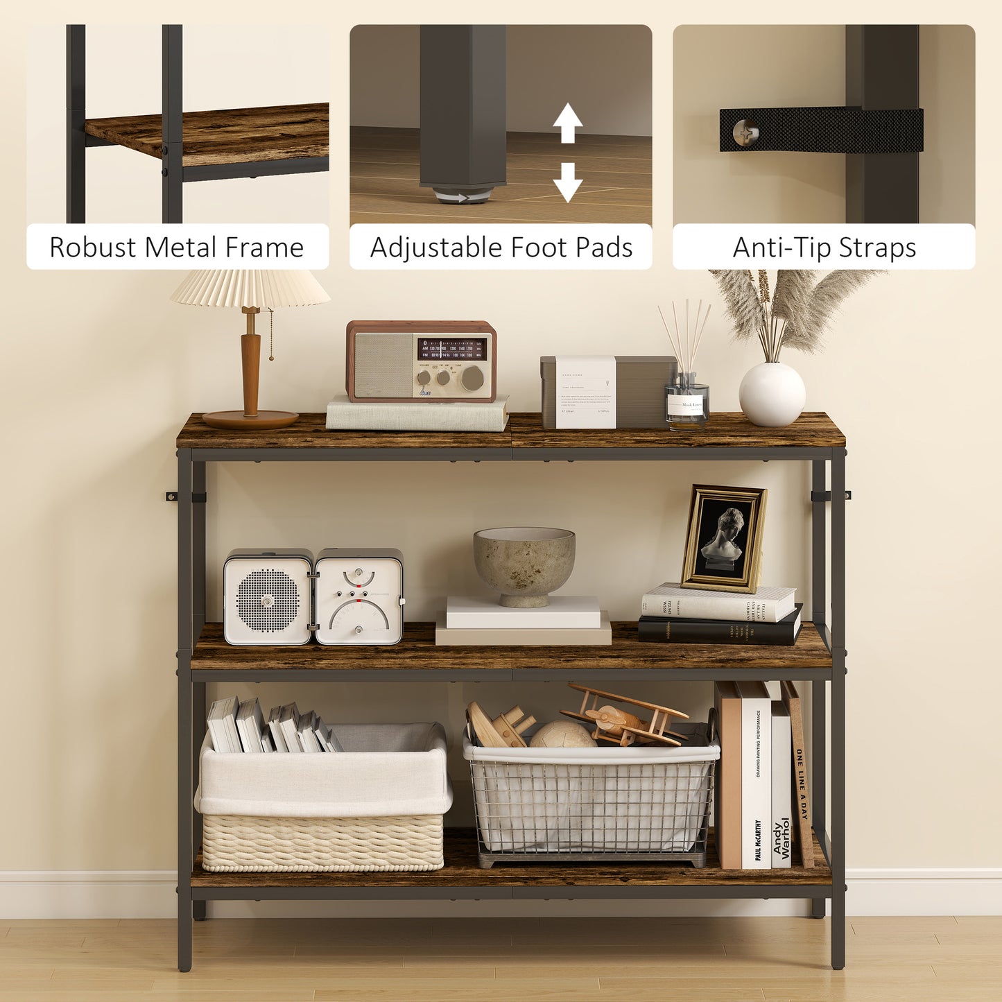 3-Tier Console Table with Storage Shelves - Rustic Brown