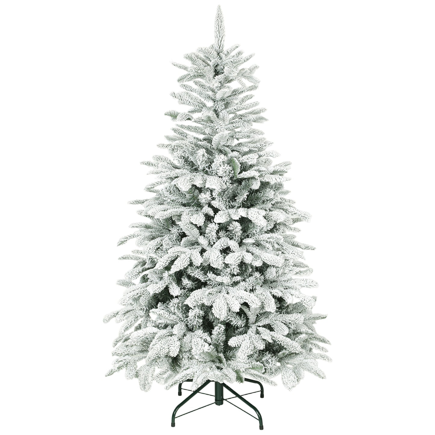 5 ft Artificial Flocked Christmas Tree with 717 Branches, Hinged Xmas Tree with Foldable Metal Stand