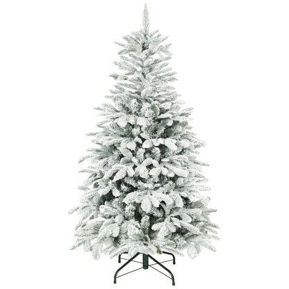 5 ft Artificial Flocked Christmas Tree with 717 Branches, Hinged Xmas Tree with Foldable Metal Stand