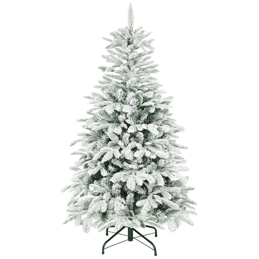 5 ft Artificial Flocked Christmas Tree with 717 Branches, Hinged Xmas Tree with Foldable Metal Stand