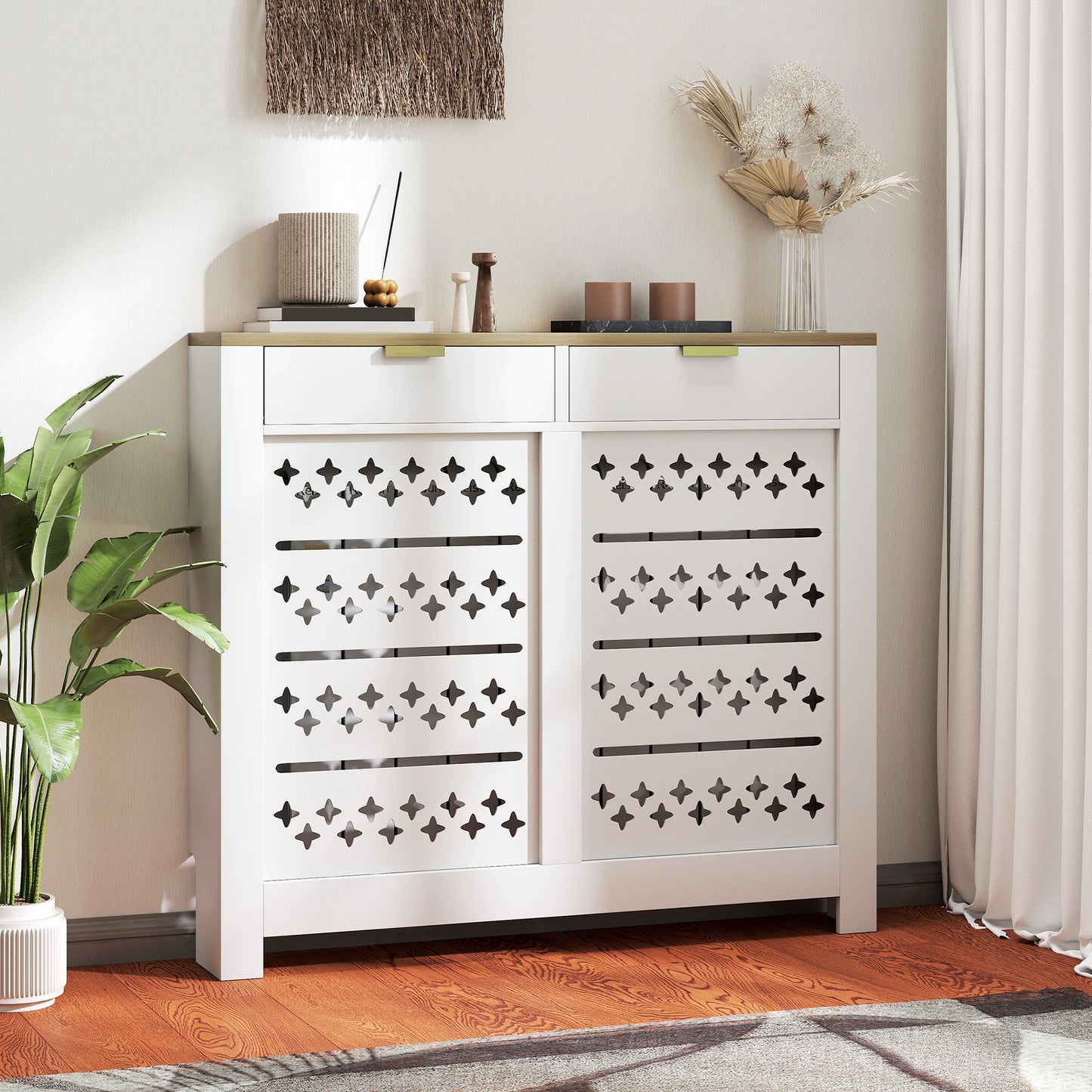 108 x 19 cm Minimal Radiator Cover, with 2 Drawers - White