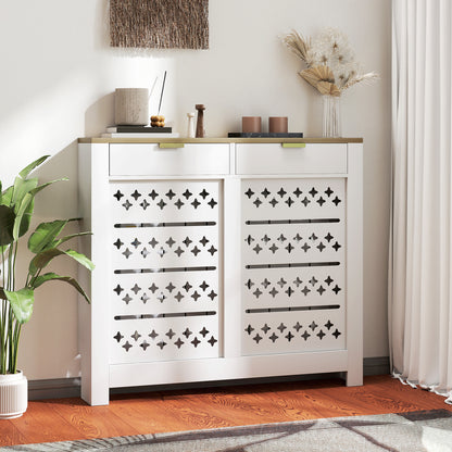 108 x 19 cm Minimal Radiator Cover, with 2 Drawers - White