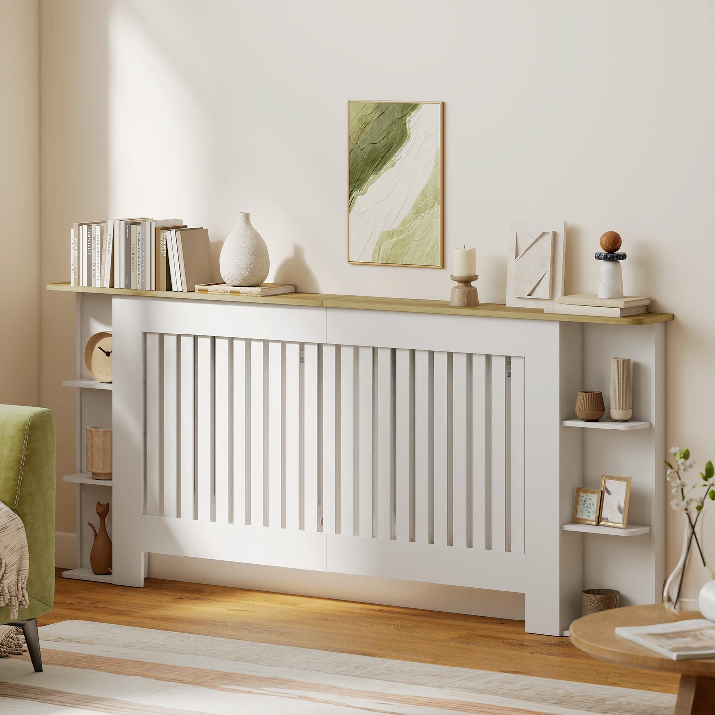 Radiator Cover with Open Storage Shelves, Vertical Slatted Cabinet Shelf Heater Cover for Living Room, Hallway, Extra Large
