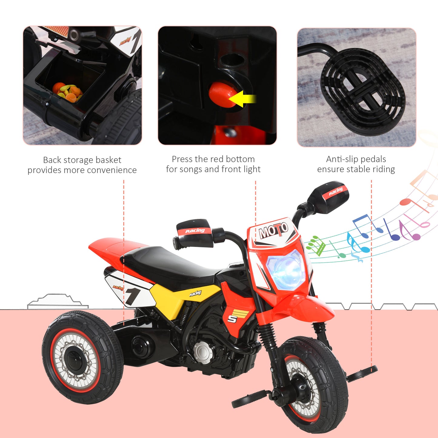 Trike for Kids, Toddler Pedal Motorcycle, Kids Ride On Tricycle Early Learning w/ Music Lights Handlebar Stickers Exercise Bo