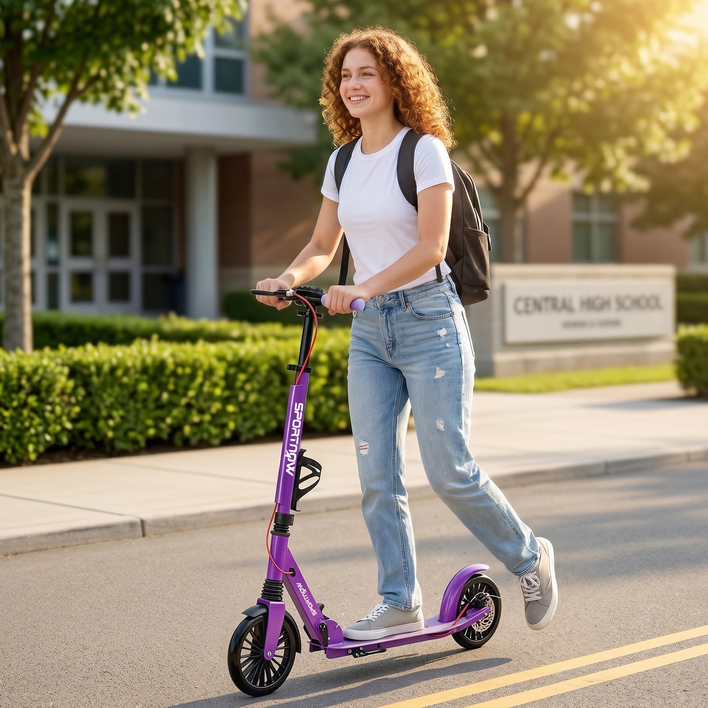 Foldable Kick Scooter with Height Adjustable Handlebar, One-click Folding Adult Scooters with 200 mm Big Wheels, Purple