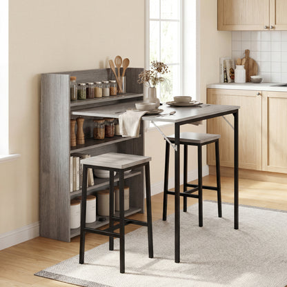 Kitchen Table, Folding Dining Table, with 4-Tier Shelves, Modern Drop-Leaf Table, Grey Wood Effect