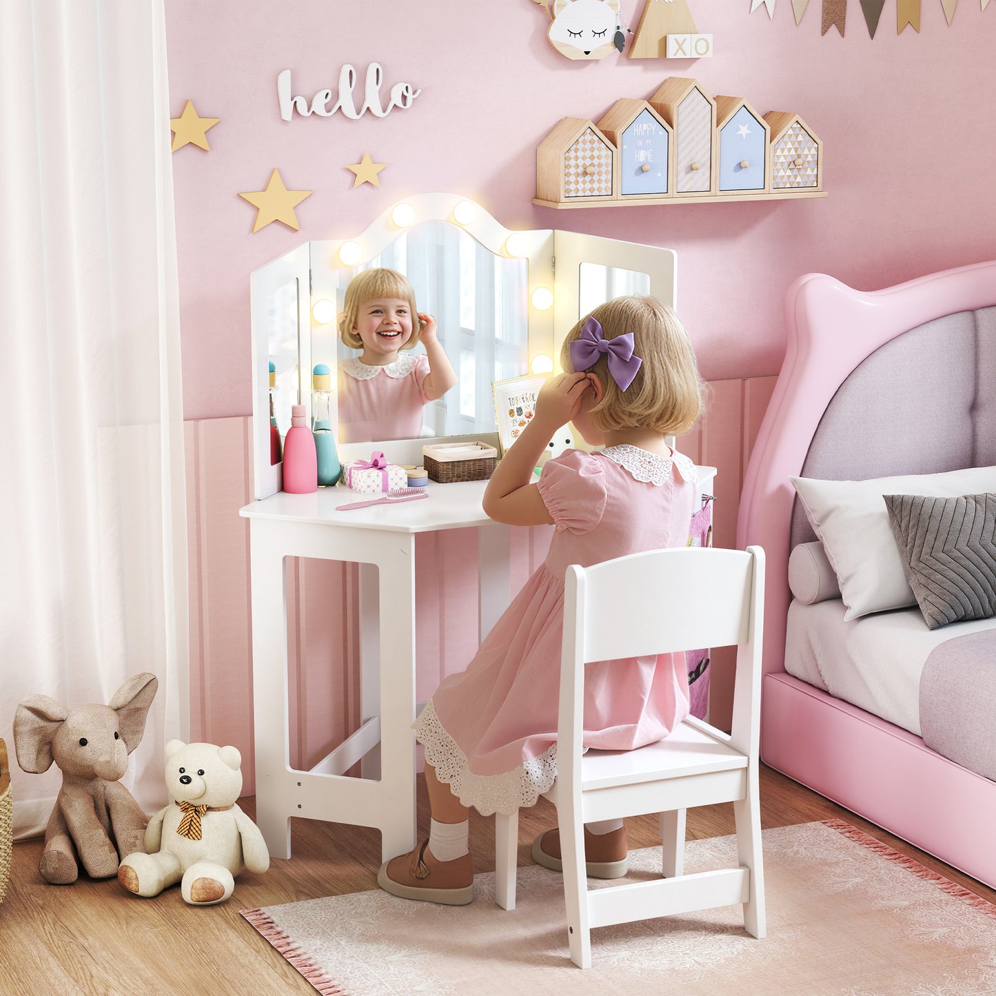 Kids Dressing Table and Stool Set, Girls Vanity Table with 2-Colour LED Lights, Tri-Folding Mirror, White