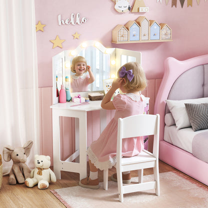 Kids Dressing Table and Stool Set, Girls Vanity Table with 2-Colour LED Lights, Tri-Folding Mirror, White