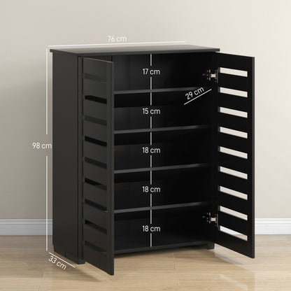 Narrow Shoe Cabinet for Entryway, 5-Tier Slim Shoe Storage Cabinet with 2 Slatted Doors and Adjustable Shelves