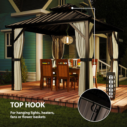3x3 m Hardtop Gazebo Canopy with UPF50+ Double Galvanised Steel Roof, Aluminium Garden Gazebo Permanent Pavilion, Brown