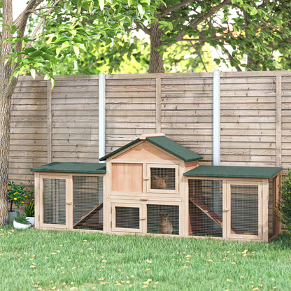 Wooden Rabbit Hutch 2-Storey with Run Outdoor Bunny Guinea Pig, Natural Wood