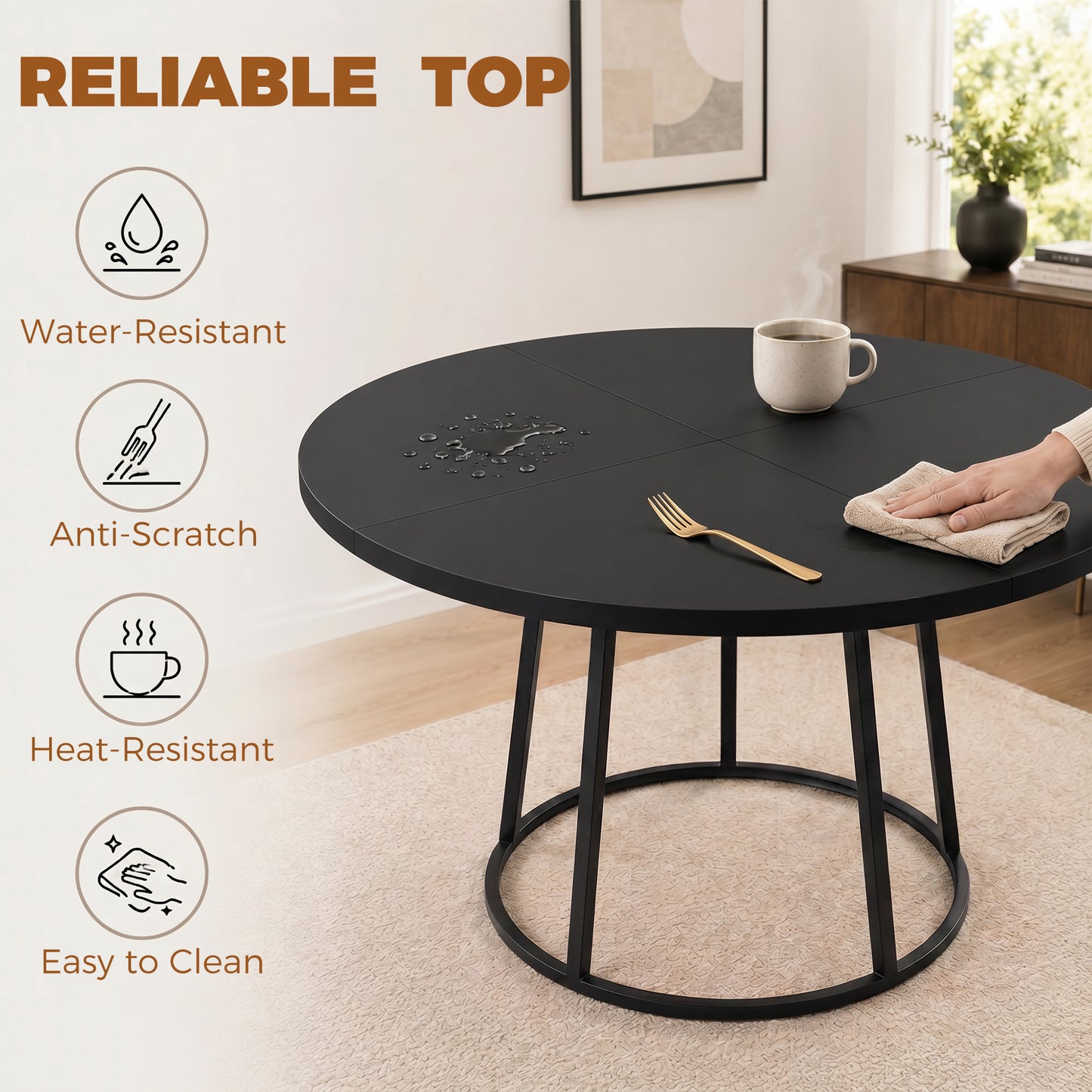 Dining Table Space Saving Kitchen Table Spliced Tabletop Conical Metal Base 120 cm Round Black