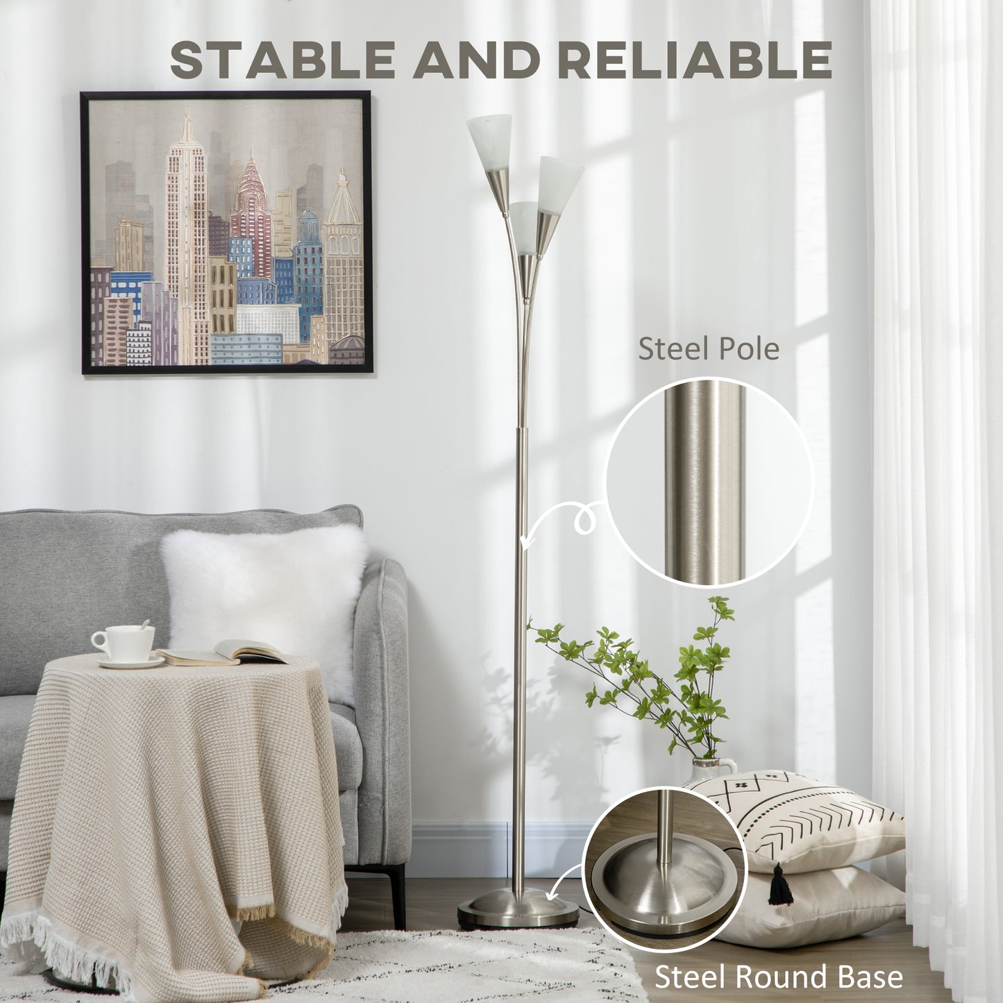 Modern Standing Lamp, 3-Light Upright Floor Lamps for Living Room, Silver Tone