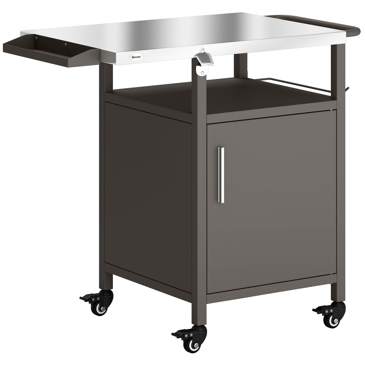 Grill Cart with Stainless Steel Top, Pizza Oven Stand with Cabinet, Spice Rack, Towel Holder, Bottle Opener, Brown