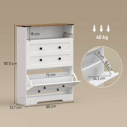 Shoe Cabinet with 2 Flip Drawers, Narrow Shoe Storage Cabinet, White