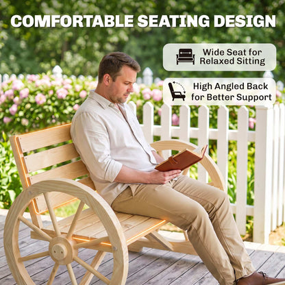 Wagon Wheel Chair Bench Armrest Rustic Loveseat Wood Outdoor Garden, Natural