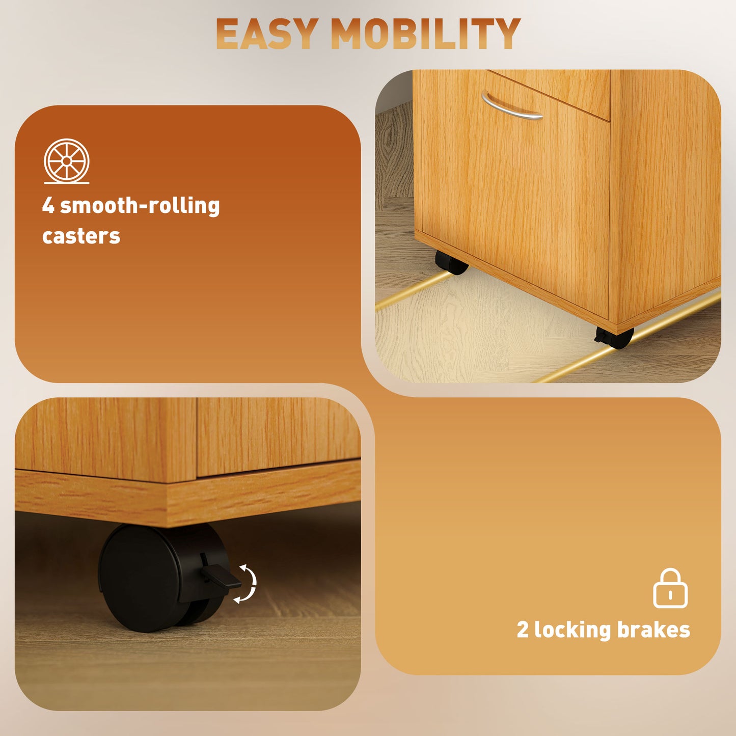 Filing Cabinet, Mobile File Cabinet with 2 Lockable Drawers, Office Home Organiser on Wheels for A4