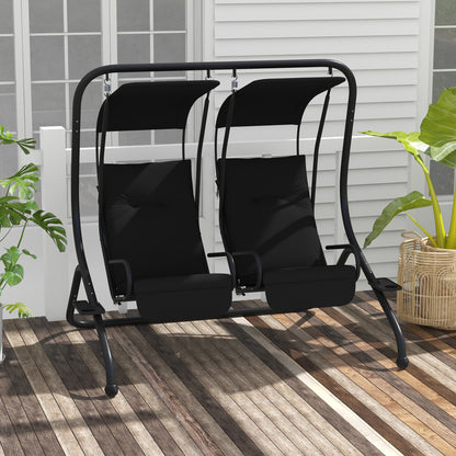 Two-Seat Garden Swing Chair, with Protective Canopy - Black