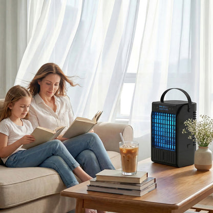 Portable Air Conditioner, 4-in-1 Mini Air Cooler with 4 Wind Speed, 2 Cool Mist, RGB 7 LED Light, Black