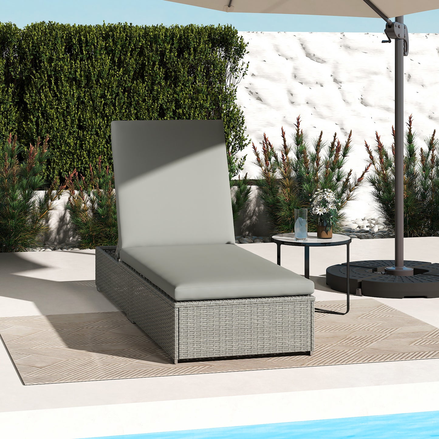 Rattan Sun Lounger, Five-Position Reclining Garden Lounger Bed with Cushion, Light Grey