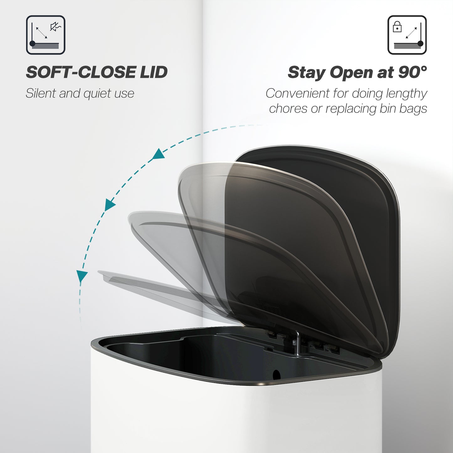 50L Kitchen Bin with Soft-Close Lid and Stay-Open Function, Stainless Steel Pedal Bin with Removable Inner Bucket