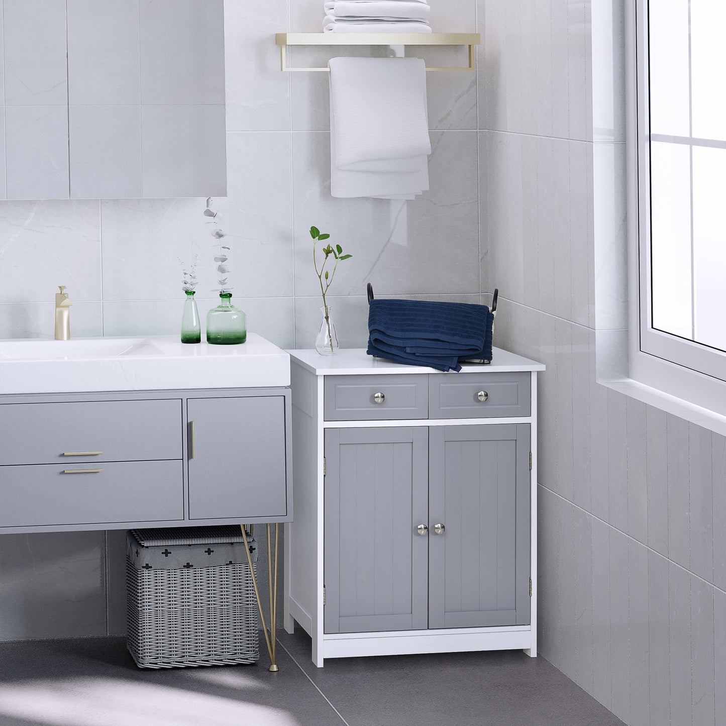 75x60cm Freestanding Bathroom Storage Cabinet Unit w/ 2 Drawers Cupboard Adjustable Shelf Metal Handles Traditional Style Gre