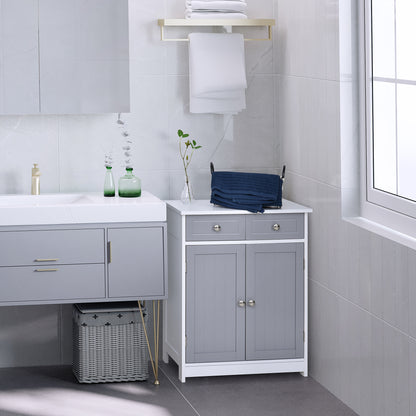 75x60cm Freestanding Bathroom Storage Cabinet Unit w/ 2 Drawers Cupboard Adjustable Shelf Metal Handles Traditional Style Gre