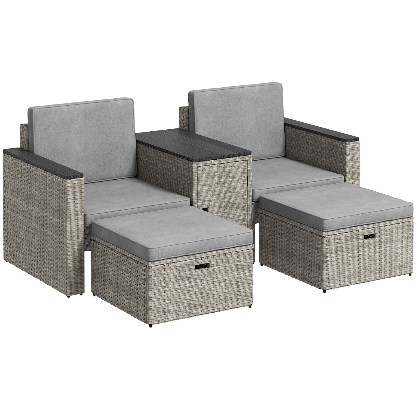 5 Piece Rattan Garden Furniture Set with Storage Table, Footstools, Cushions, Grey