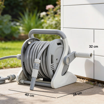 Portable Garden Hose Reel, 20+2 m Wall Mounted Hose Reel with 2 Patterns Spray Nozzle and Crank Handle, Grey