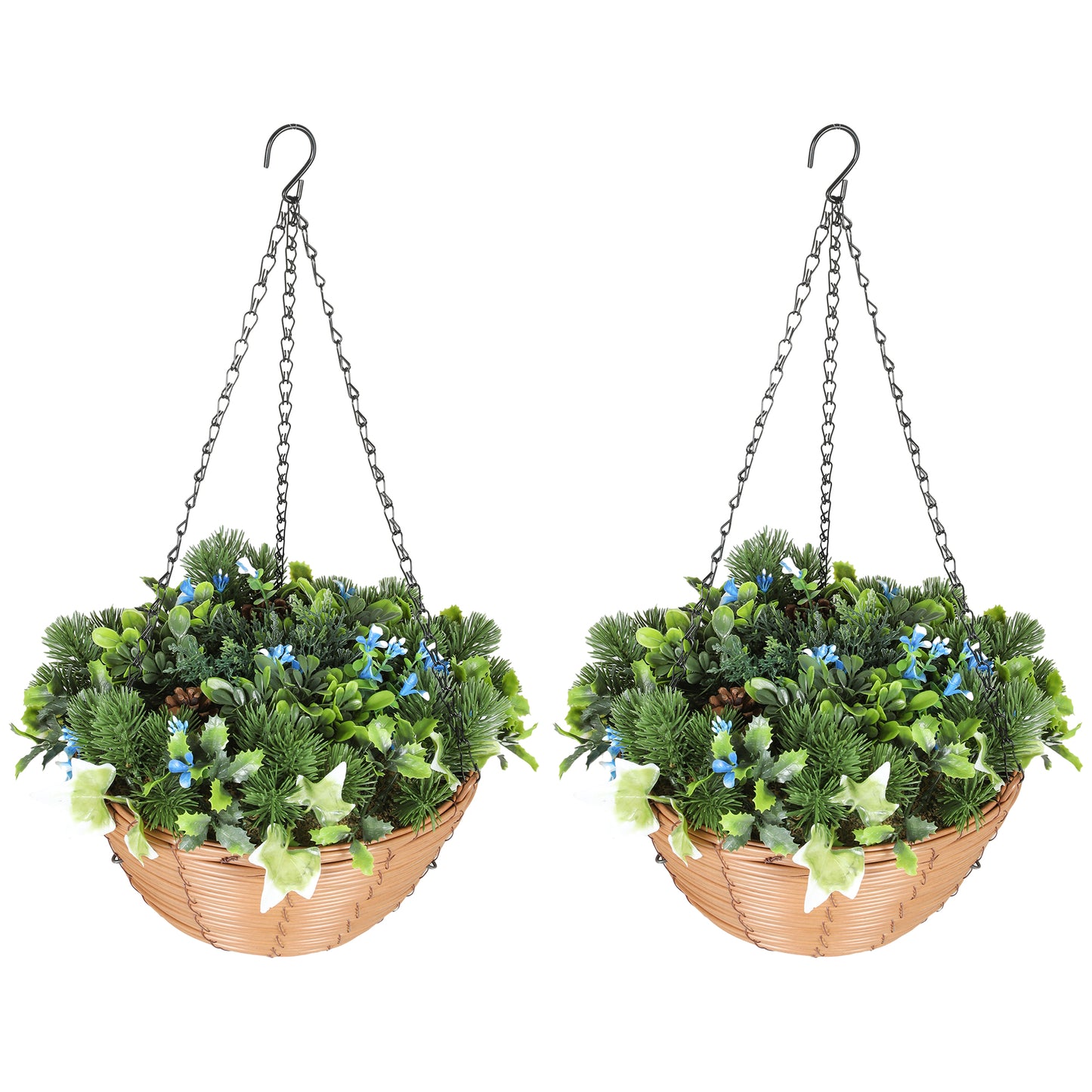 Pack of 2 Faux Plant Artificial Lisianthus Flowers, Hanging Planters with Basket, PE Leaves, 18 Flowers and 3 Pinecones