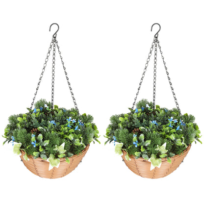 Pack of 2 Faux Plant Artificial Lisianthus Flowers, Hanging Planters with Basket, PE Leaves, 18 Flowers and 3 Pinecones