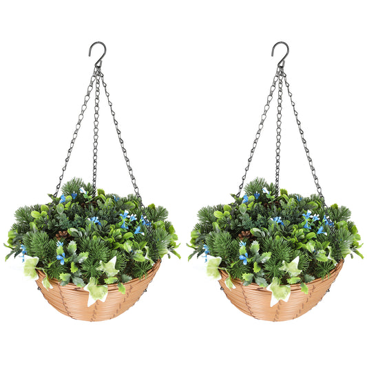 Pack of 2 Faux Plant Artificial Lisianthus Flowers, Hanging Planters with Basket, PE Leaves, 18 Flowers and 3 Pinecones