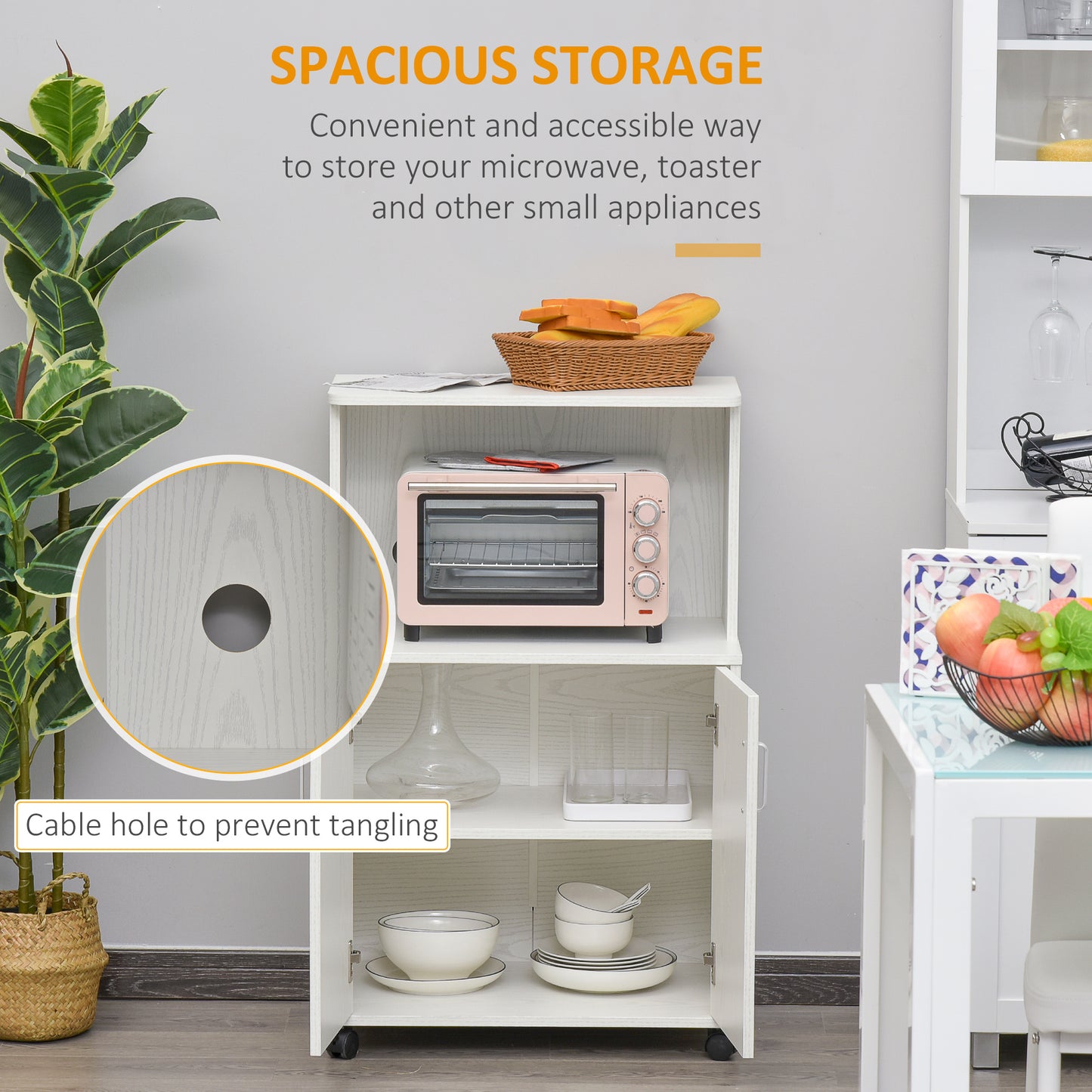 Kitchen Storage Unit, Modern Microwave Stand Trolley Cart, Sideboard with Cabinet, Locking Wheels, Shelf for Living Room