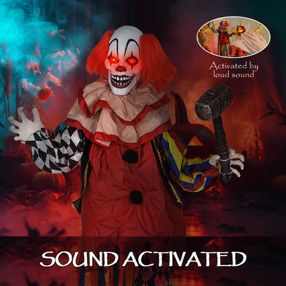 173 cm Life Size Halloween Animated Standing Clown & Hammer with Red Light Up Eyes, Sound Activated Moving Arms & Head