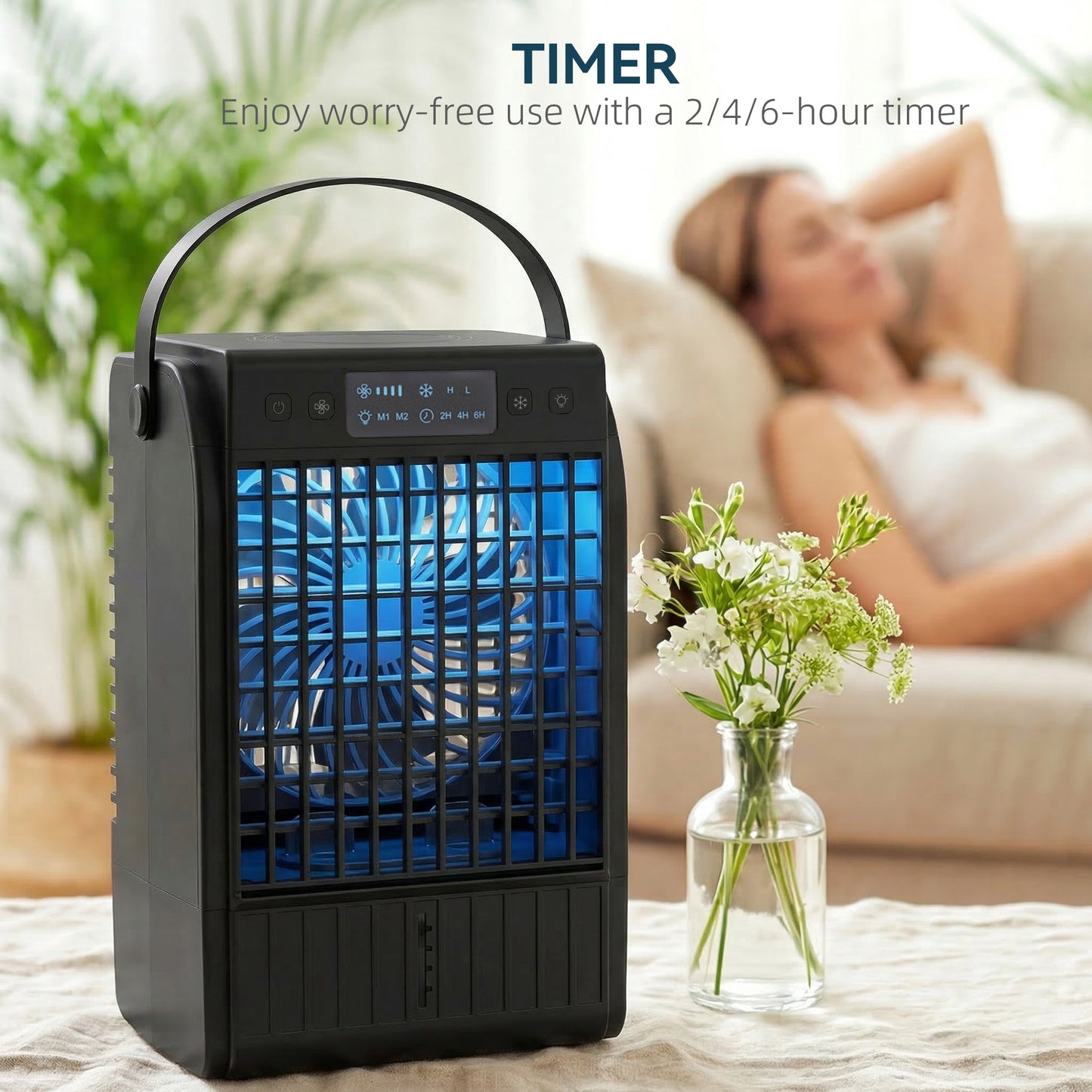 Portable Air Conditioner, 4-in-1 Mini Air Cooler with 4 Wind Speed, 2 Cool Mist, RGB 7 LED Light, Black