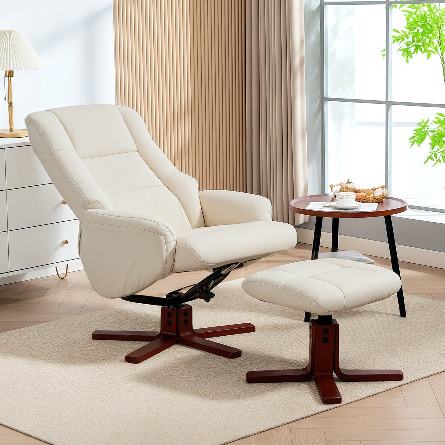 Rocking Recliner Chair with Footstool, PU Leather Recliner Armchair with Wood Base
