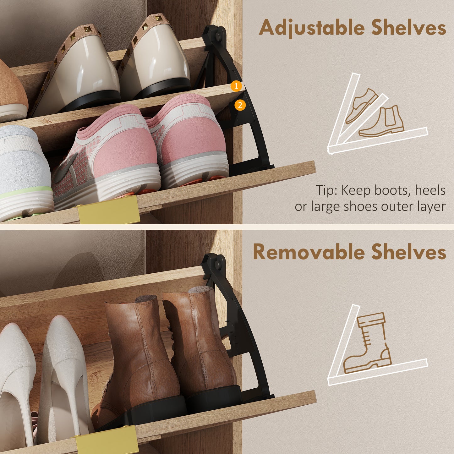 Shoe Cabinet with 2 Flip Drawers, Narrow Shoe Storage Top for Entryway Hallway, Walnut Brown