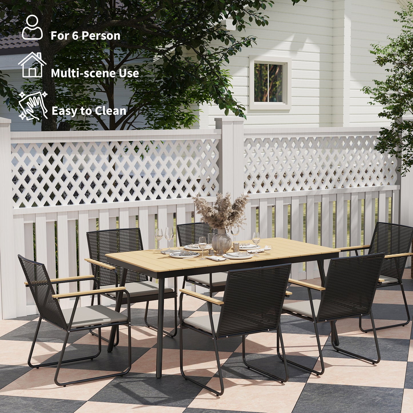 6‑Seater Garden Dining Set with Cushions, Rattan Backrest, Plastic Top, Garden Furniture Set, Natural Wood Finish
