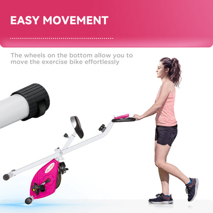Folding and Quiet Exercise Bike with 8-Level Magnetic Resistance and Heart Rate Sensor, for Home Gym, Pink and White