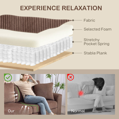 3 Seater Sofa, 212cm Corduroy Couch with Spring Cushion, Wide and Deep Seat, Plush Backrest, 2 Pillows