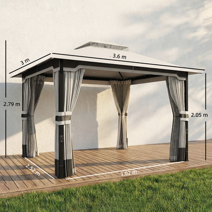 3 x 3.6 m Outdoor Garden Gazebo with Netting and Curtains, Double Roof Patio Gazebo Permanent Pavilion, Light Grey