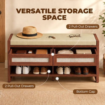 Boho Shoe Bench with 2 Rattan Drawers, Shoe Storage Bench with Cushioned Seat and Open Shelf Brown