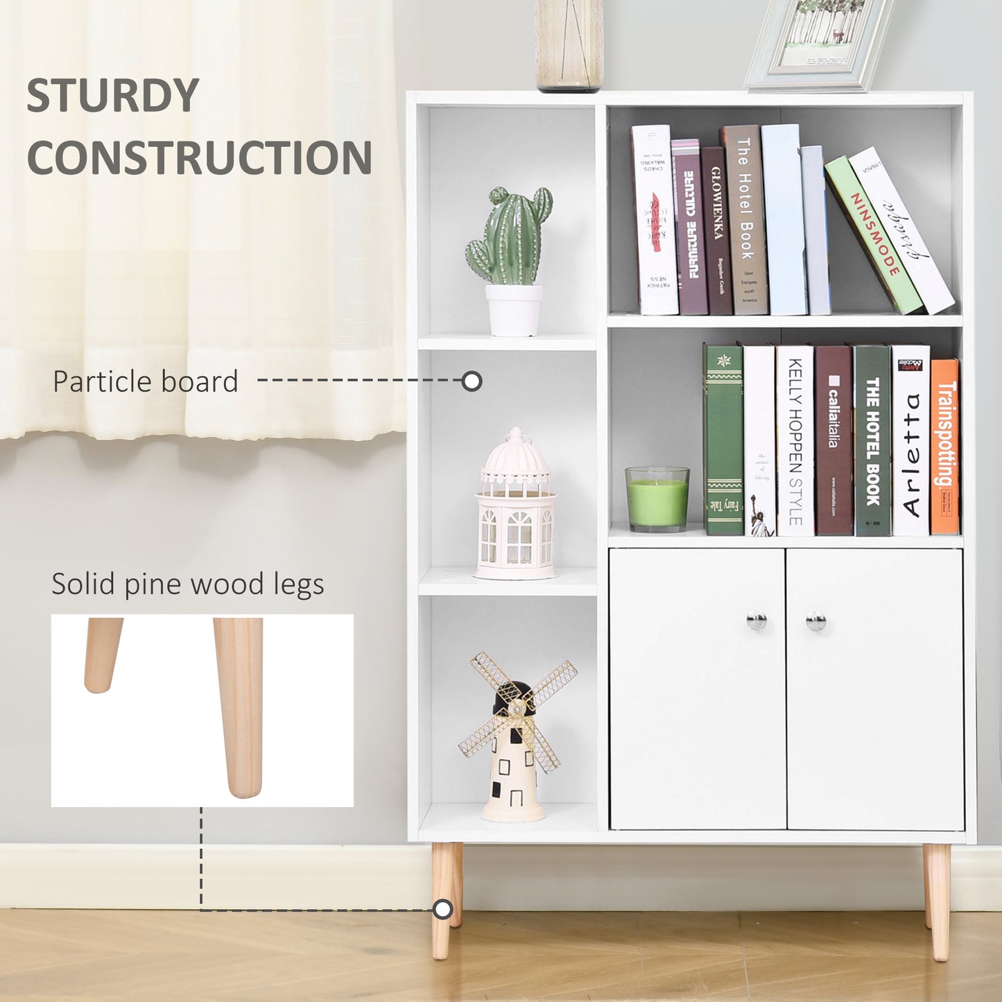 Sideboard Storage Cabinet Cupboard, Open Bookcase with 2 Doors 5 Compartments Wooden Modern Style for Living Room Bedroom Kit