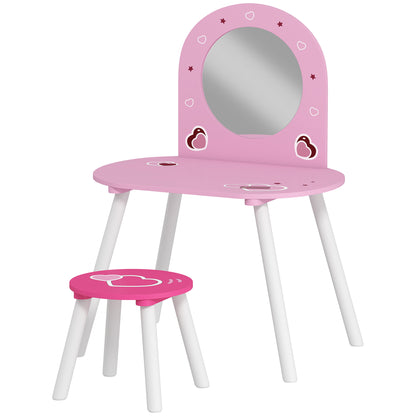 Kids Dressing Table with Mirror and Stool, Girls Vanity Set for Kids Room, Bedroom, Nursery, for Ages 3–6 Years, Pink