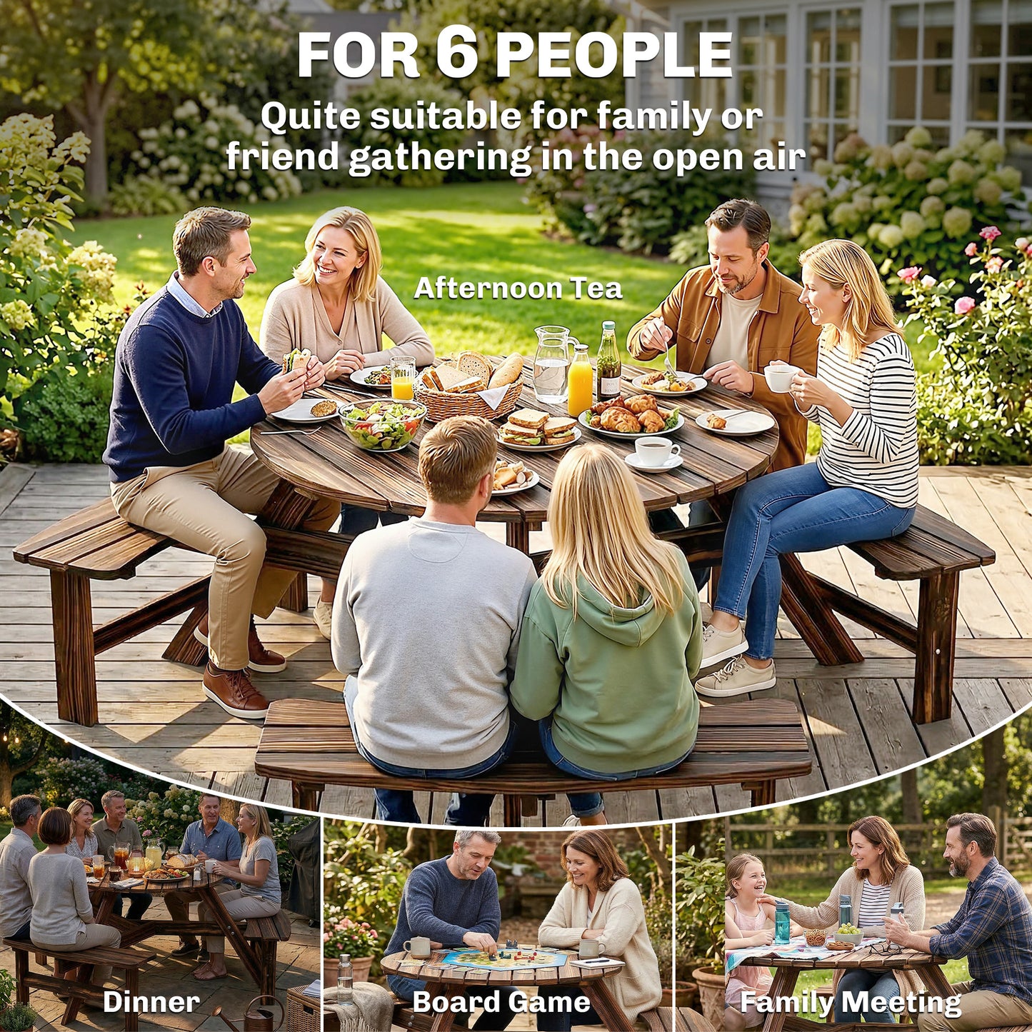 Wooden Garden Dining Set, 6 Seater Round Dining Picnic Table with Matching Bench