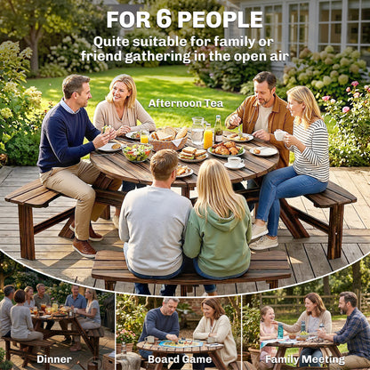 Wooden Garden Dining Set, 6 Seater Round Dining Picnic Table with Matching Bench