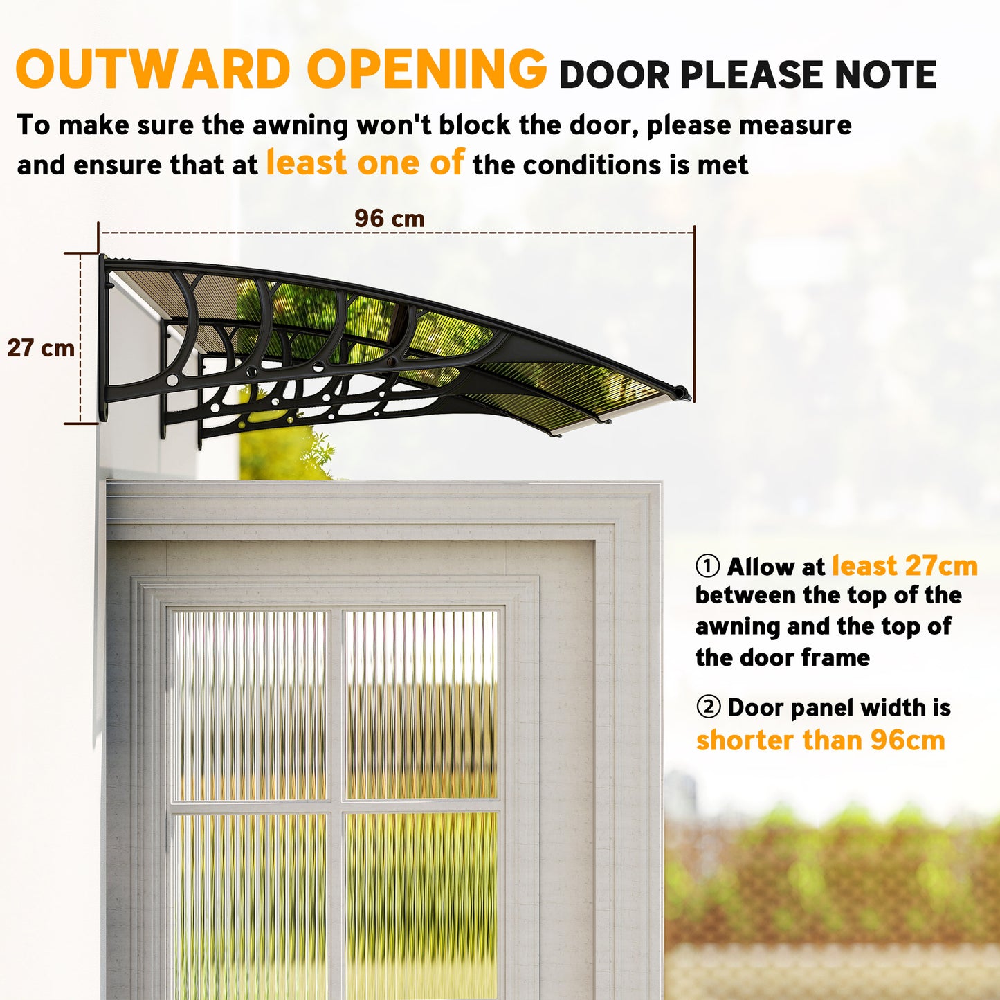 Front Door Canopy, Outdoor Awning, Rain Shelter, 200 x 96cm, Brown