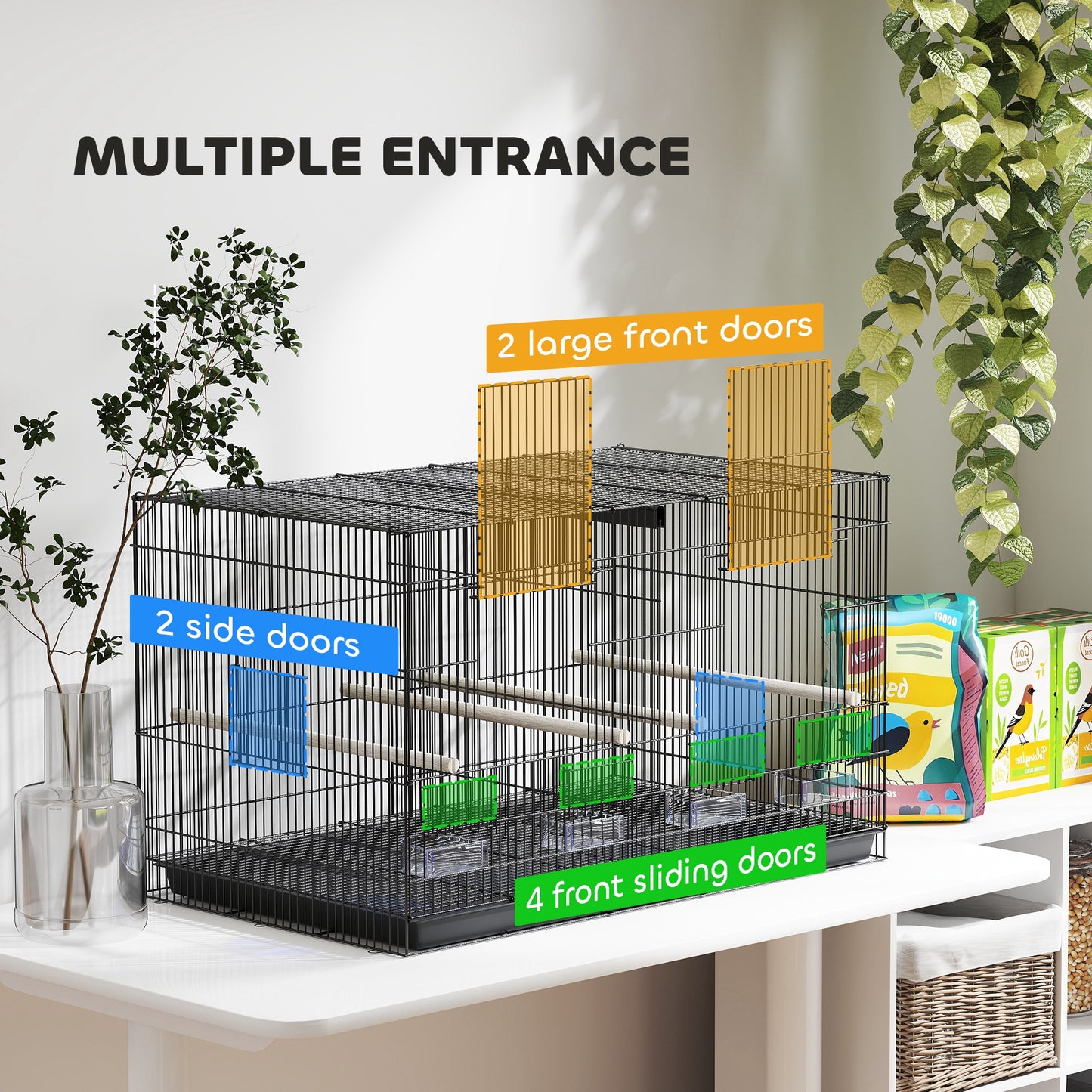 Bird Cage with Divider, 4 Wooden Perches, Slide Out Tray, 4 Feeders, for Budgie, Lovebird, Canary, 76 x 46 x 46cm, Black