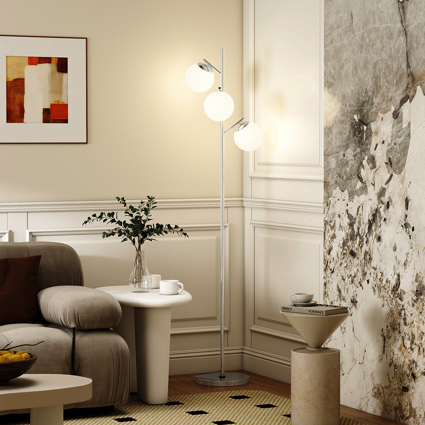 3-Light Tree Floor Lamps for Living Room, Modern Standing Lamp for Bedroom with Globe Lampshade